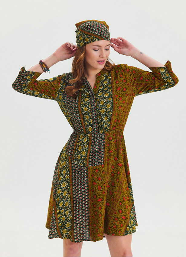 Green Patterned Midi Dress with Judge Collar and Button Detail 4462